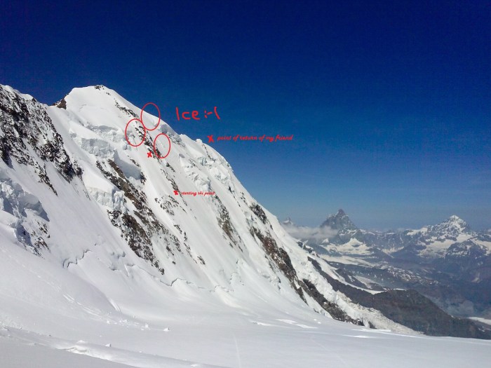 circles = ice, First X up at top = Point of return of my friend, Second X = started to ski from there...